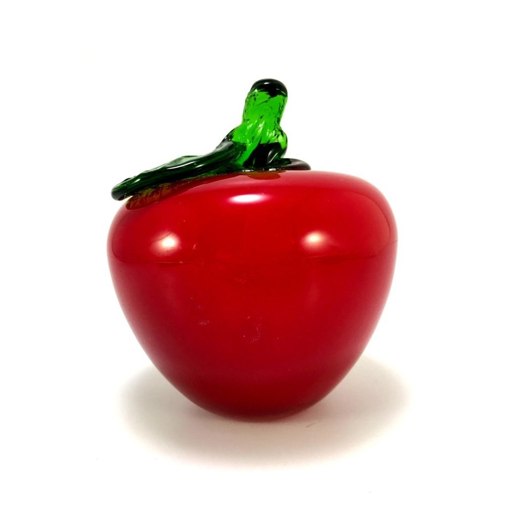 Handblown Art Glass Apple Paperweight with Attached Stem and Leaf - Picture 3 of 6